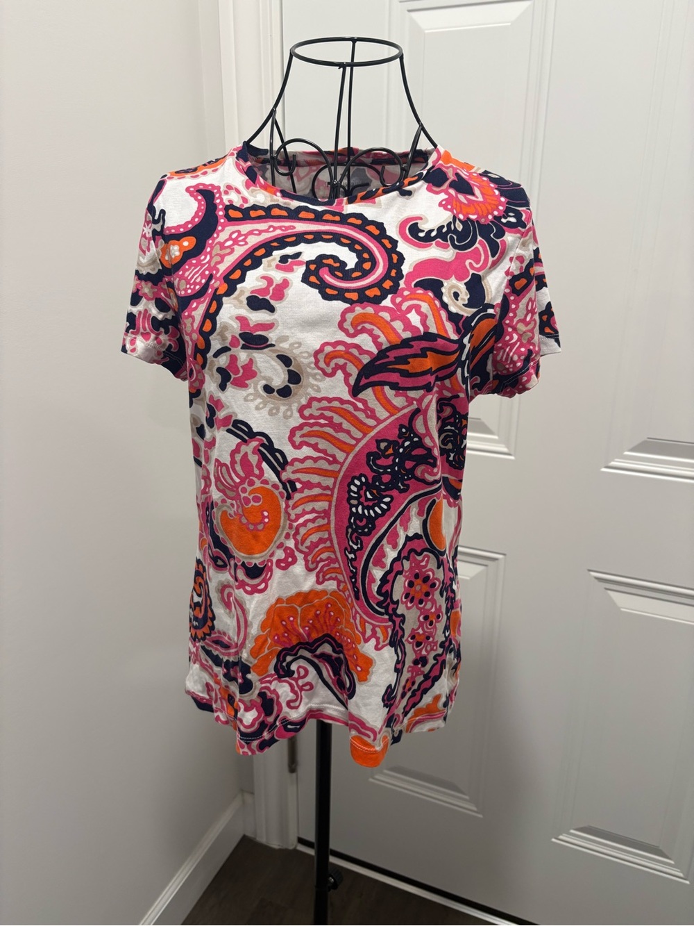 Talbots Women's White Pink Orange Navy Paisley Print Short Sleeve Top Medium